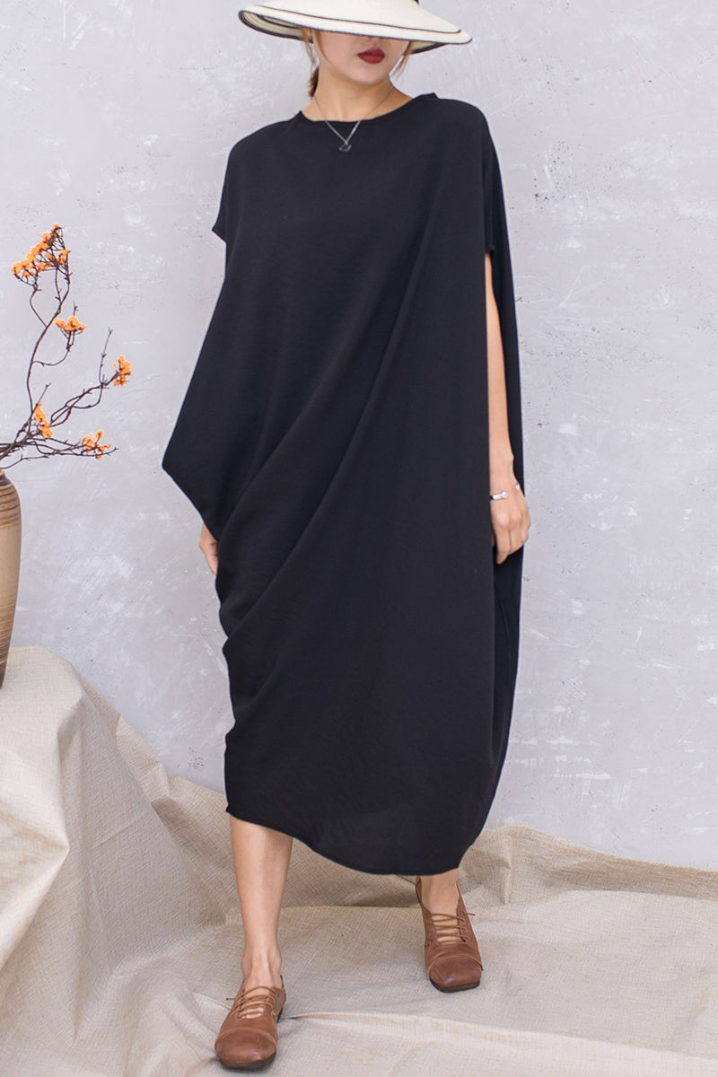 Black Linen Asymmetrical Batwing Sleeve Pullover Dress C2810 #CK2201392