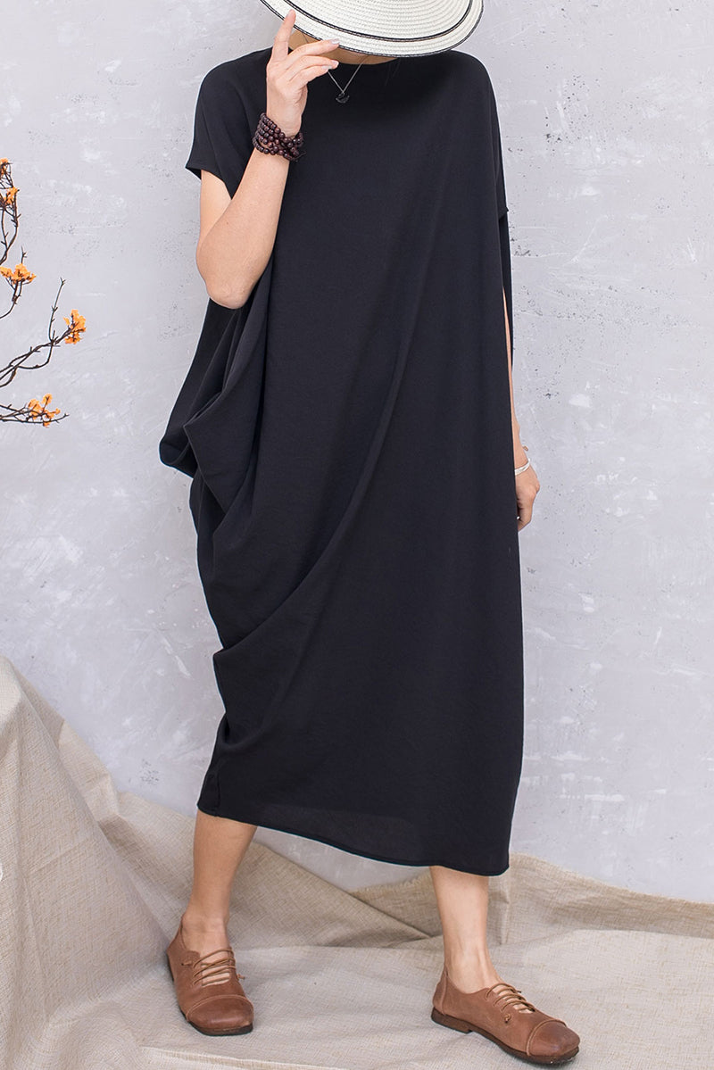 Black Linen Asymmetrical Batwing Sleeve Pullover Dress C2810 #CK2201392