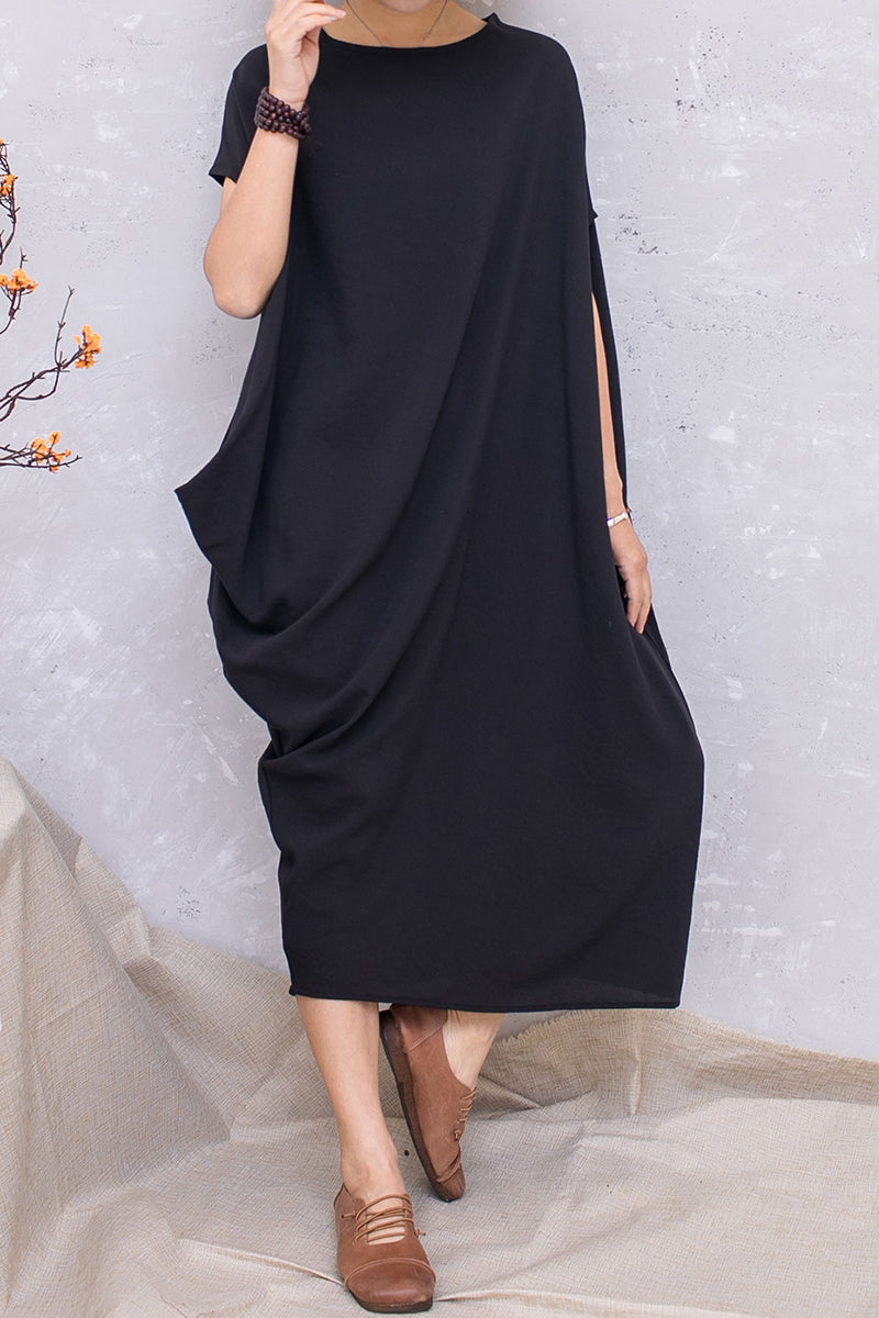 Black Linen Asymmetrical Batwing Sleeve Pullover Dress C2810 #CK2201392
