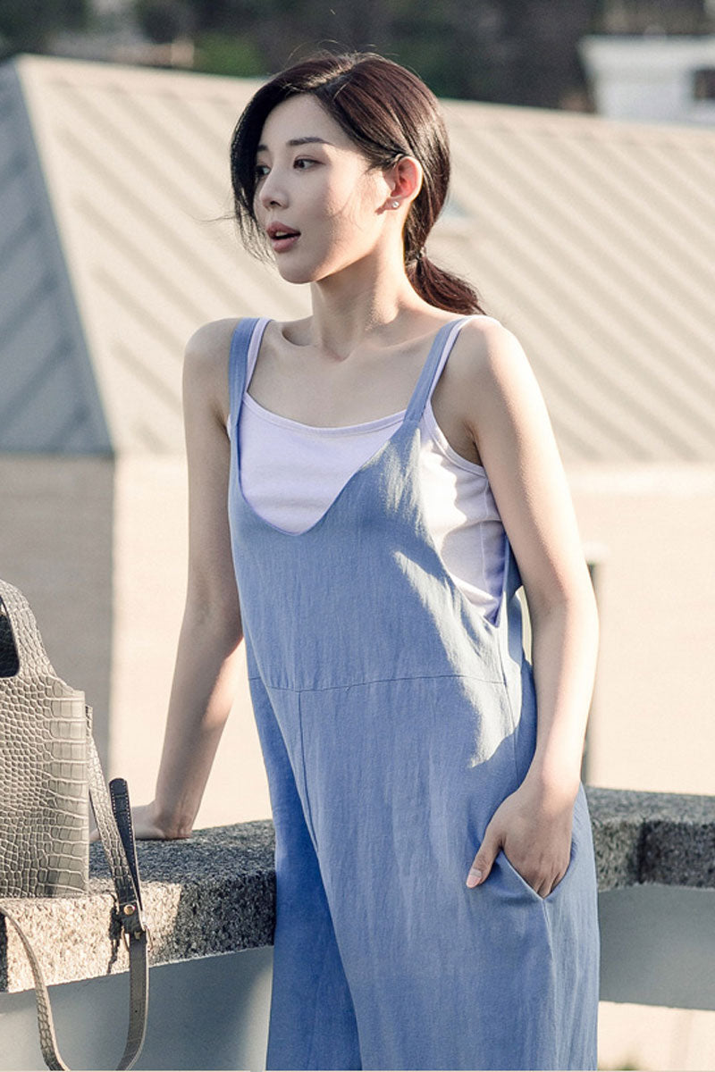 Casual Light Blue Linen Jumpsuits C2384