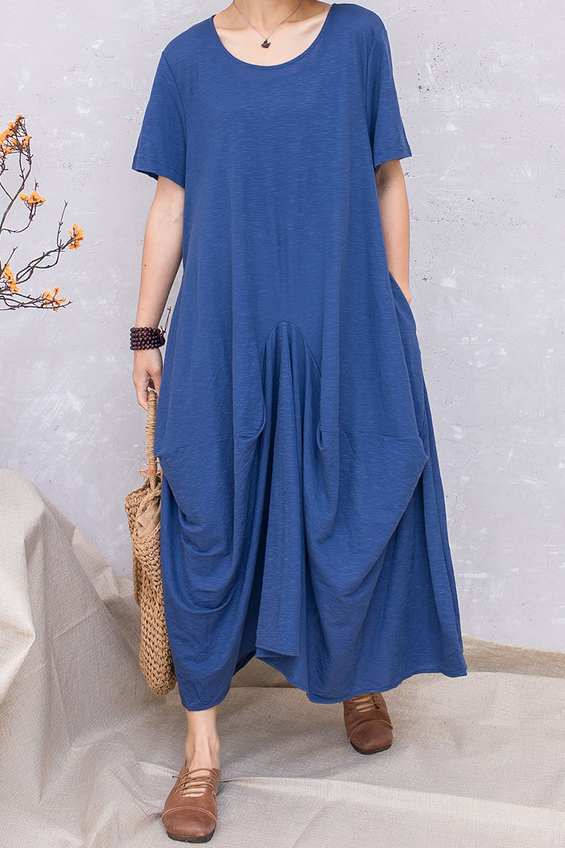 Blue Casual Linen Women Summer Loose Pullover Dress C2811 #CK2201380