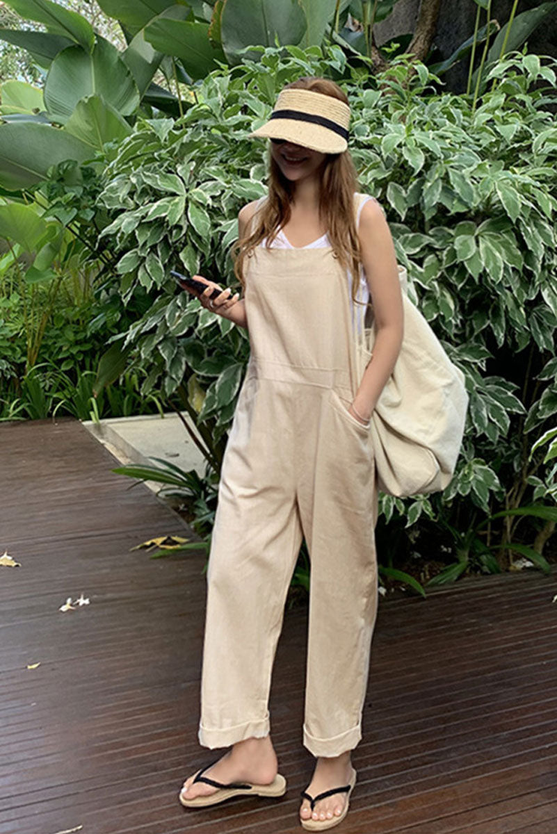 Loose Linen Jumpsuits in Beige C2399