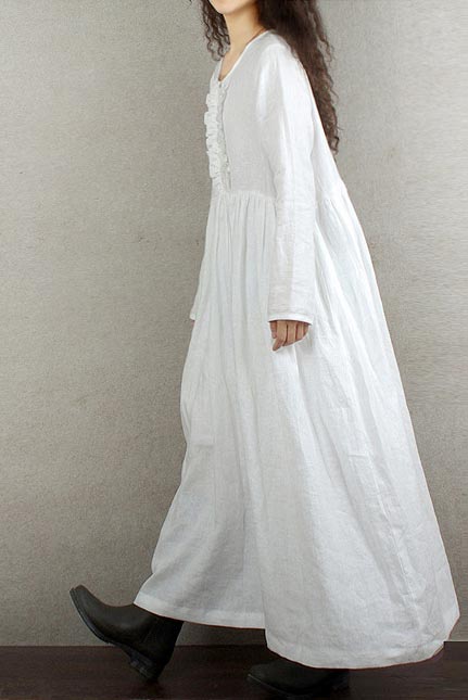 Pink Linen Maxi Dress - High Waist, Long Sleeve 190235