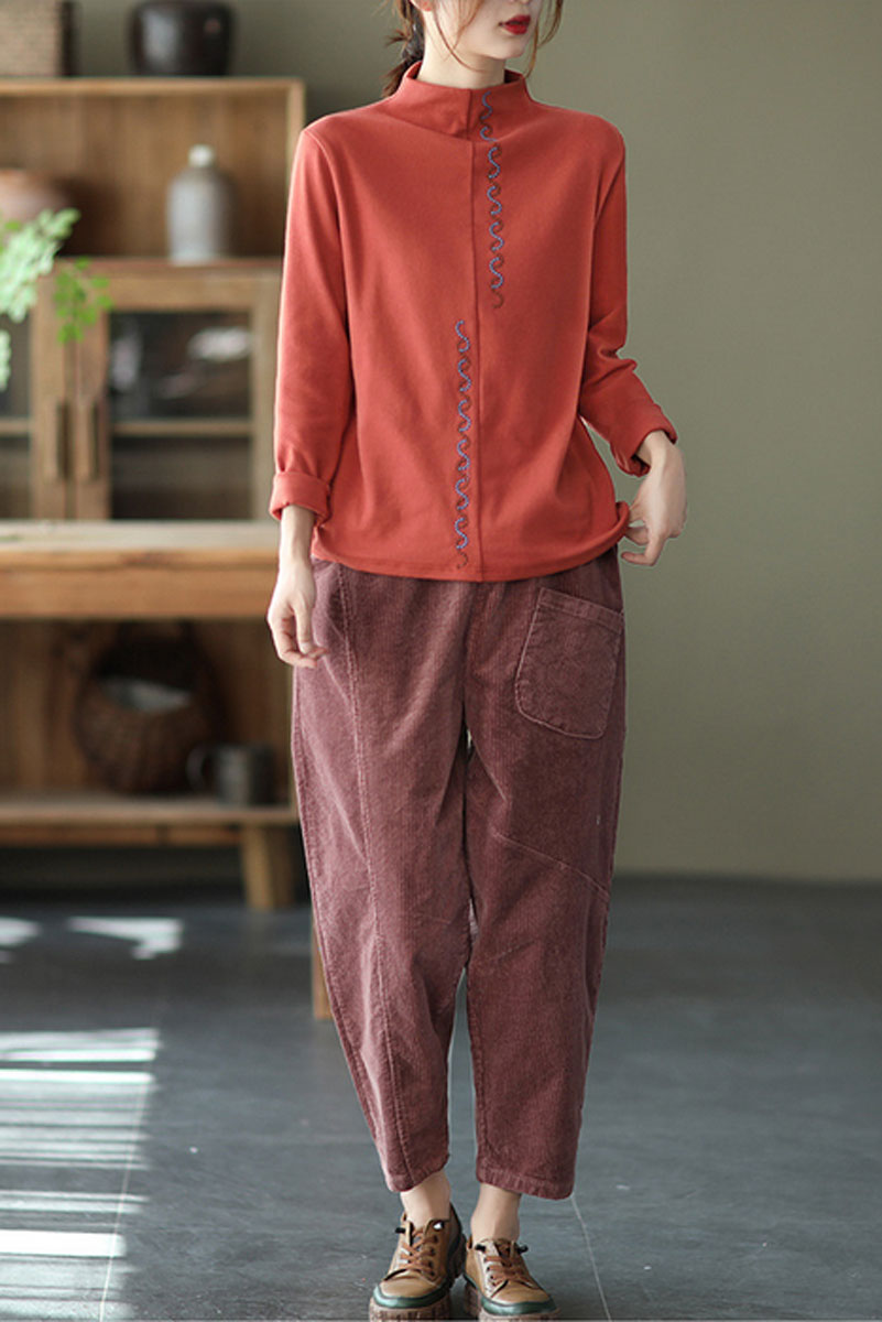Red Elastic Waist Corduroy Pants C2439