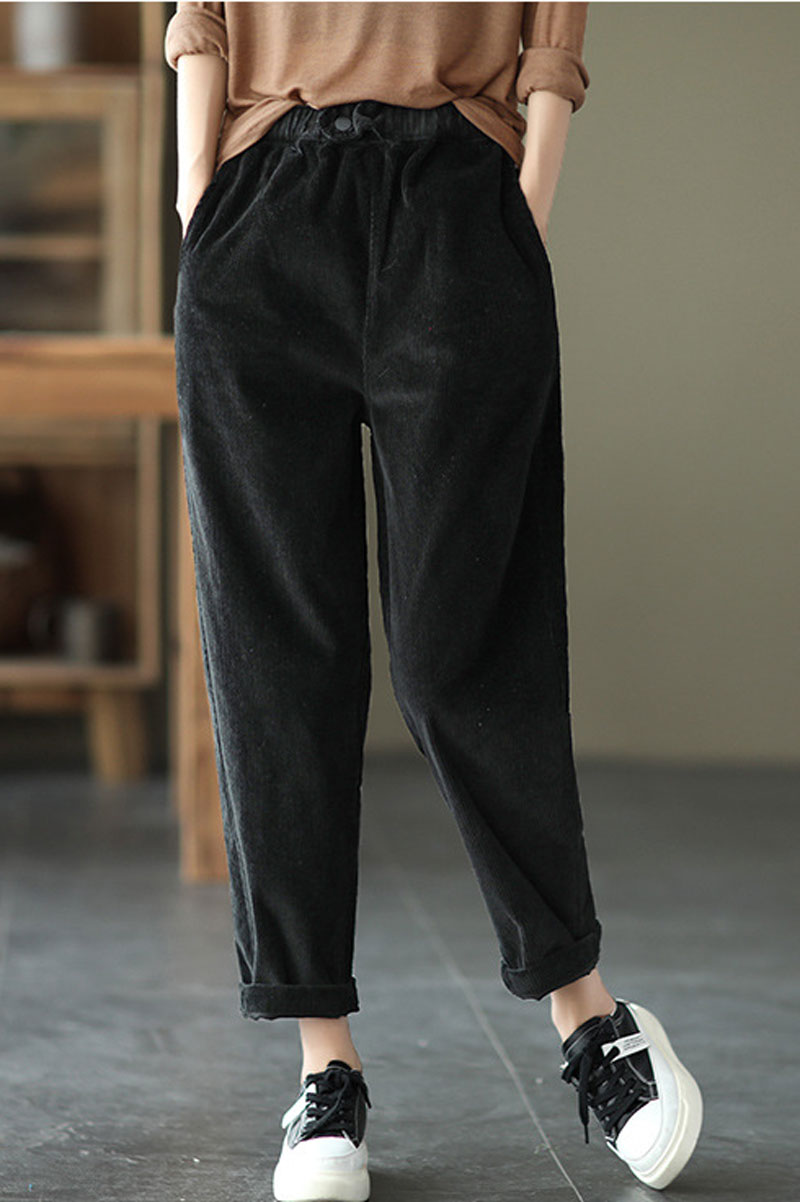 Black Elastic Waist Corduroy Pants C2440