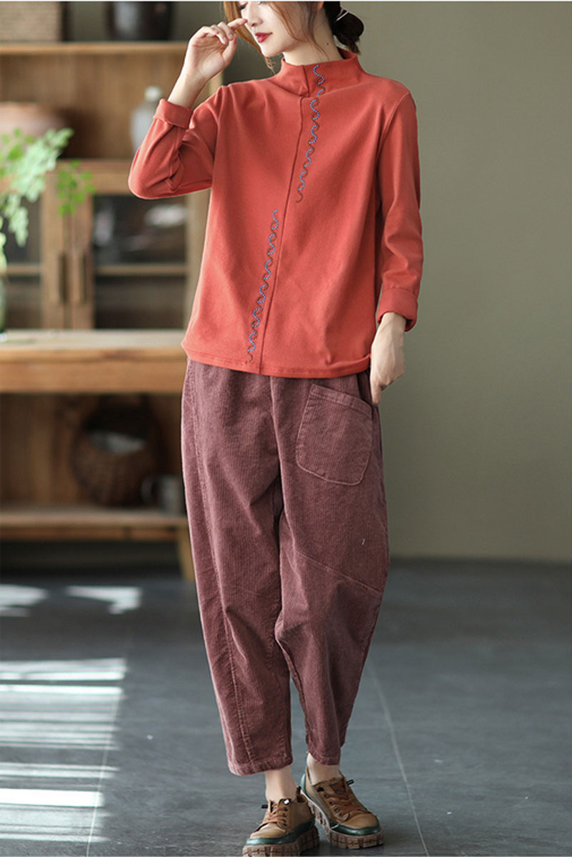 Red Elastic Waist Corduroy Pants C2439