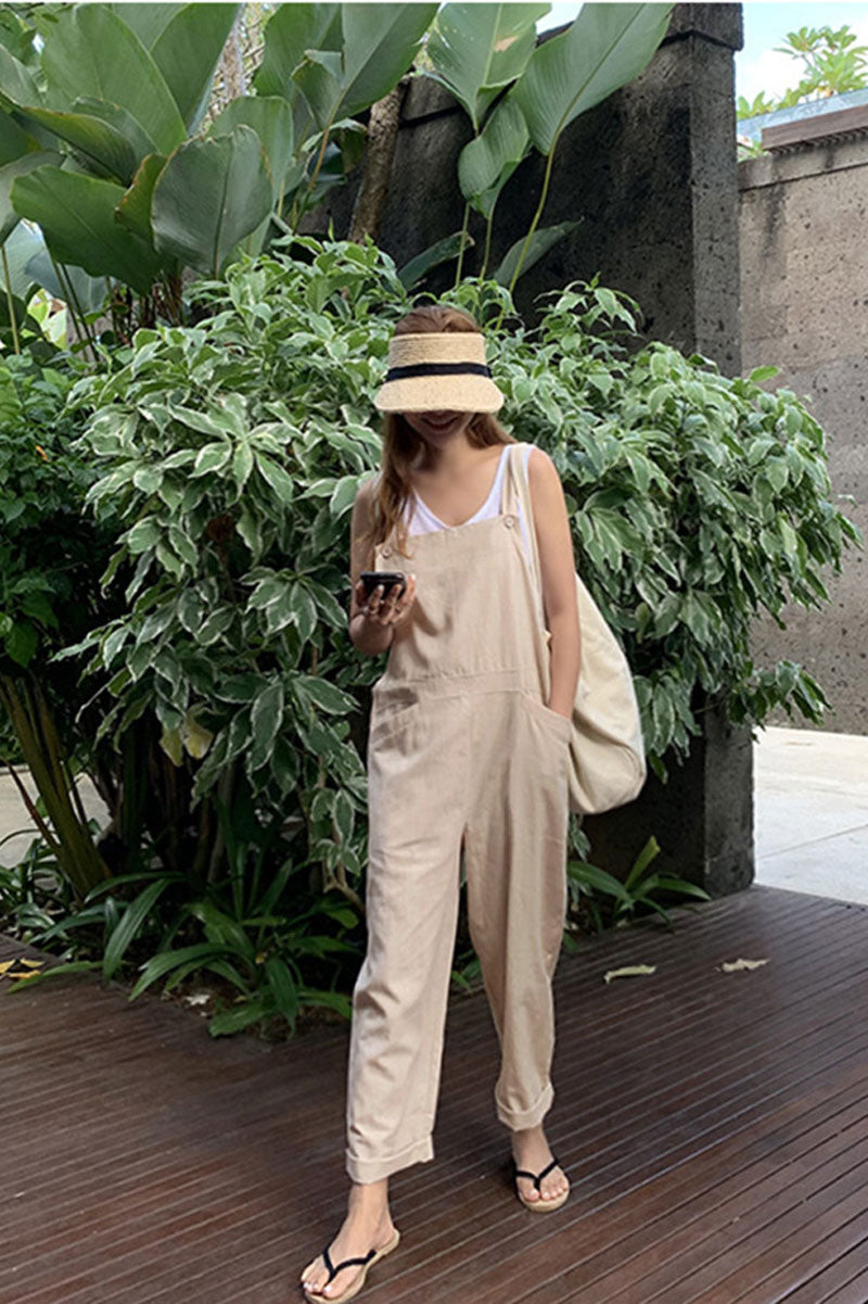 Loose Linen Jumpsuits in Beige C2399