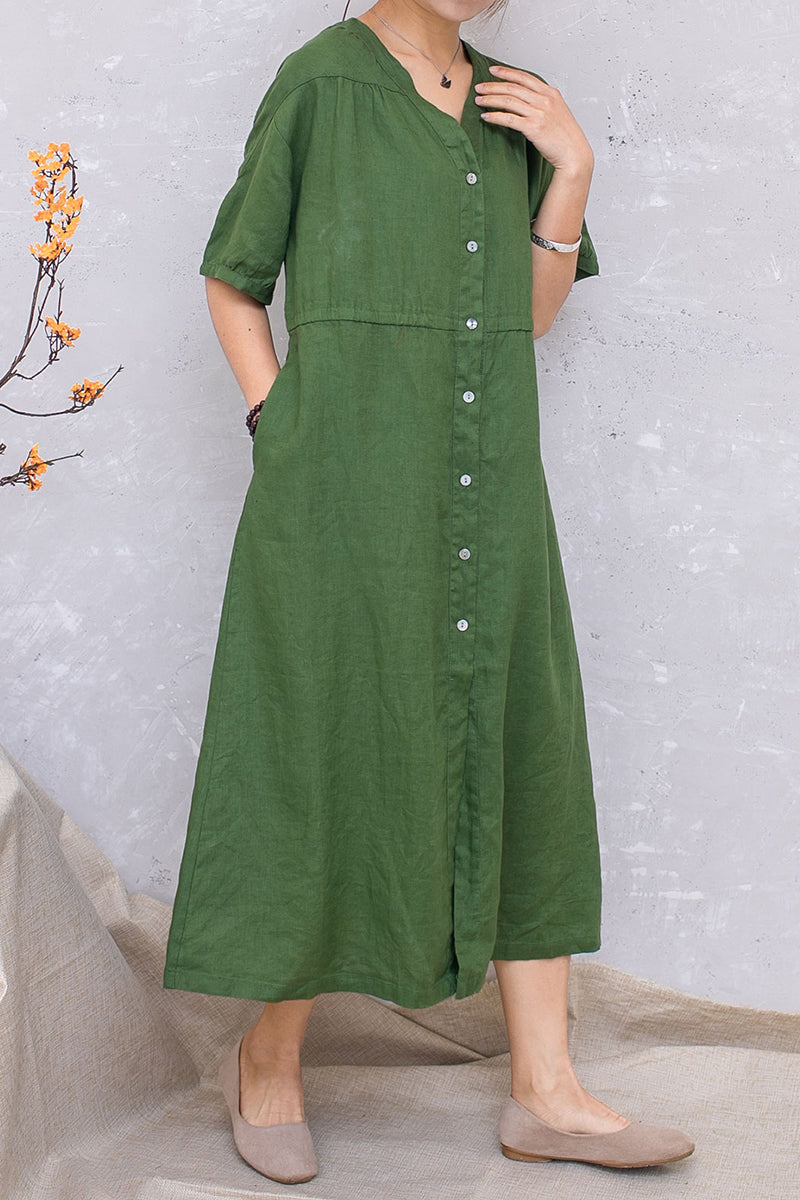 Green Linen Short Sleeve Loose Dress C2814 #CK2201413