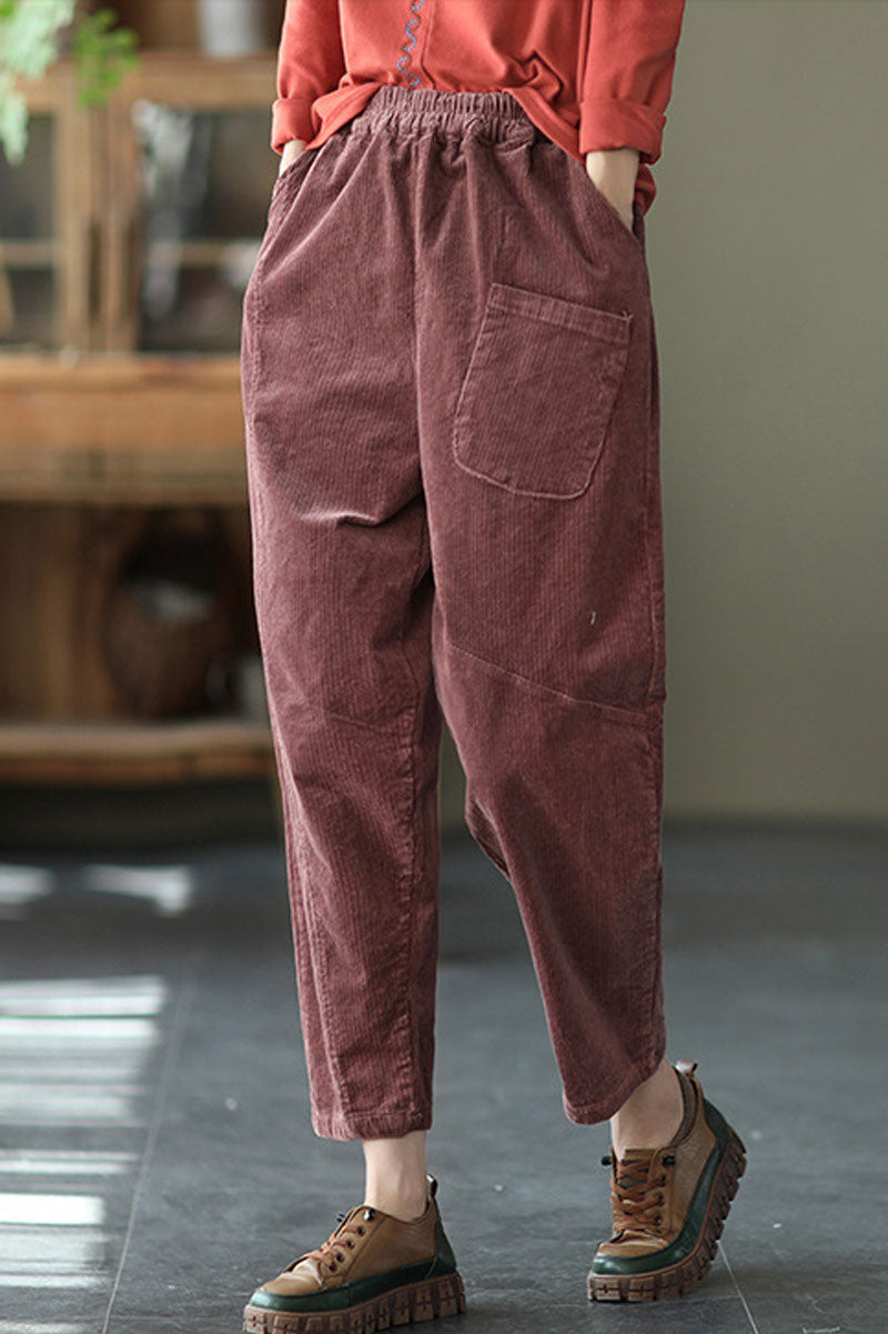 Red Elastic Waist Corduroy Pants C2439
