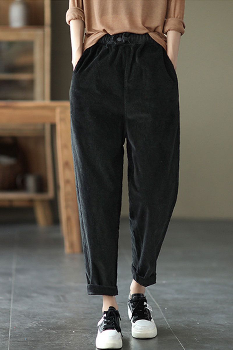 Black Elastic Waist Corduroy Pants C2440