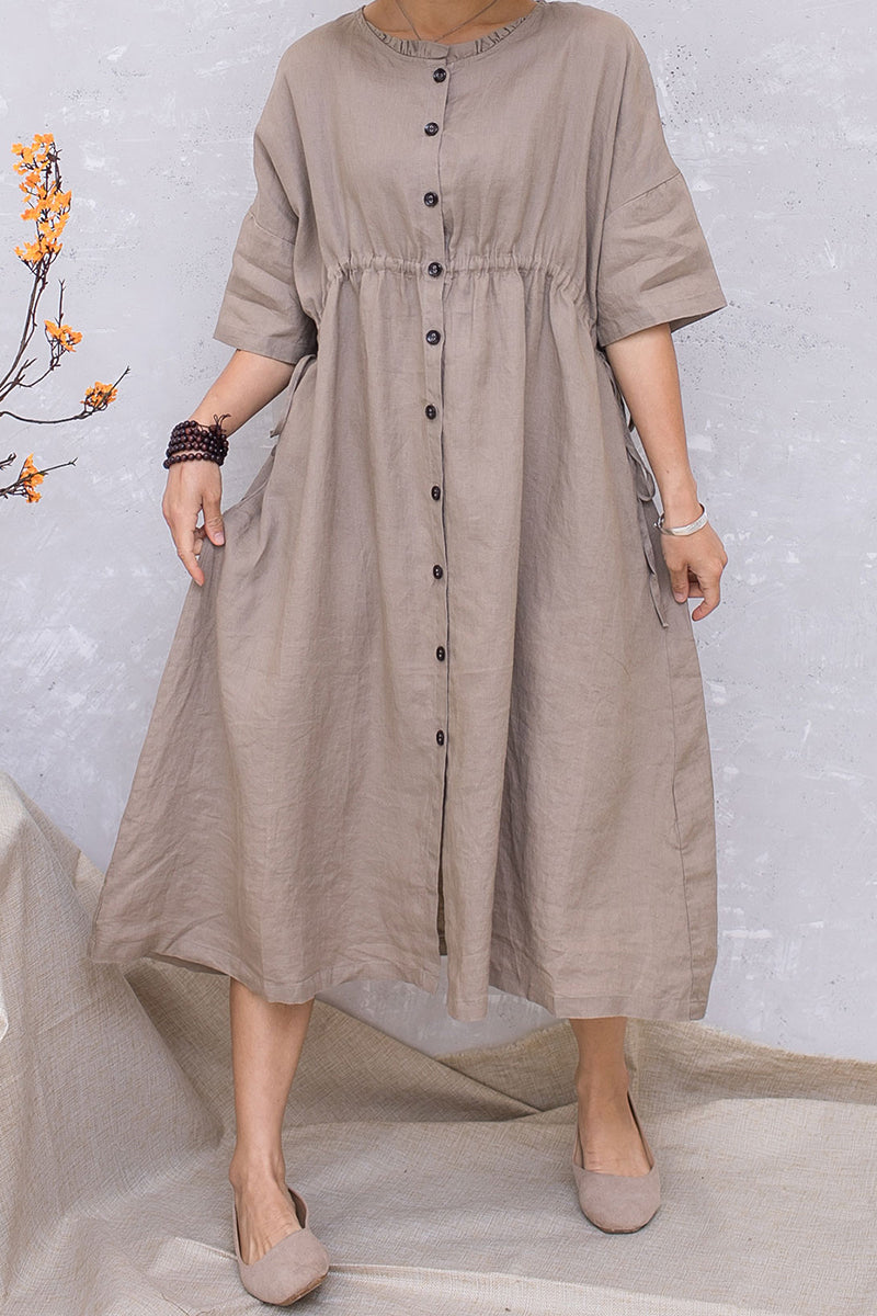 Linen Khaki Summer Casual Elastic Waist Dress C2816 #CK2201416