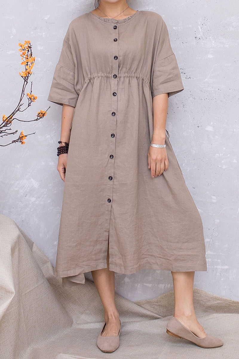Linen Khaki Summer Casual Elastic Waist Dress C2816 #CK2201416