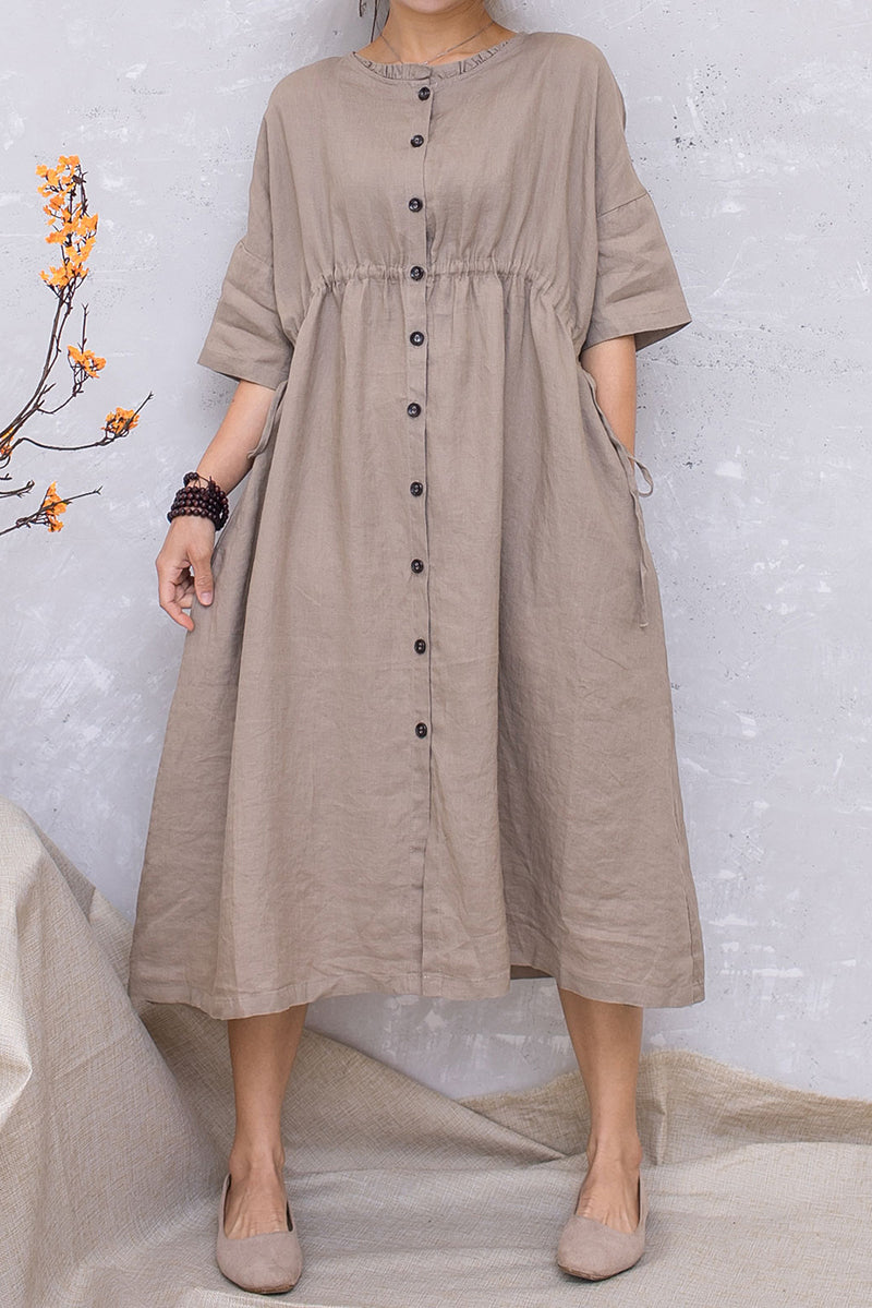 Linen Khaki Summer Casual Elastic Waist Dress C2816 #CK2201416