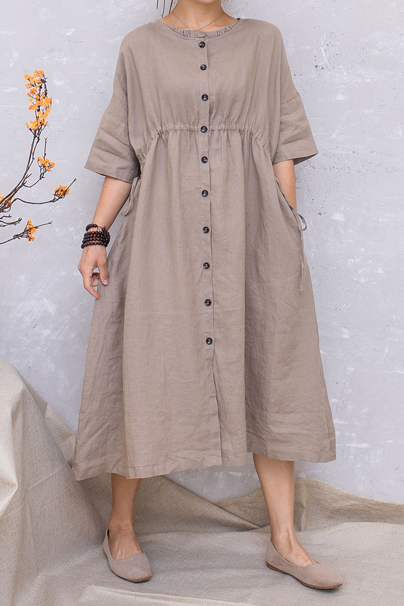 Linen Khaki Summer Casual Elastic Waist Dress C2816 #CK2201416