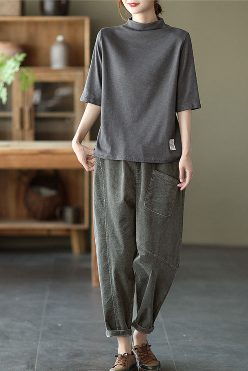 Grey Elastic Waist Corduroy Pants C2439