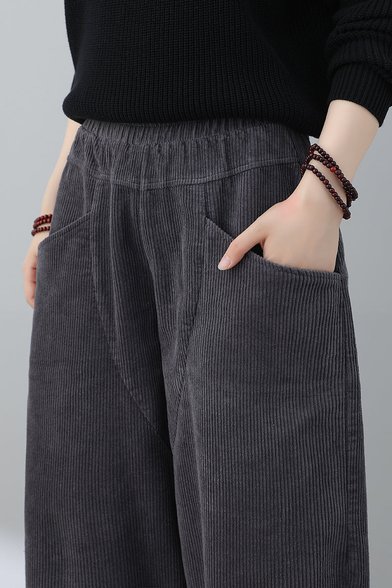 Women Gray Casual Corduroy Pants C3016