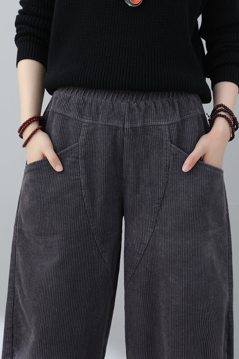 Women Gray Casual Corduroy Pants C3016#