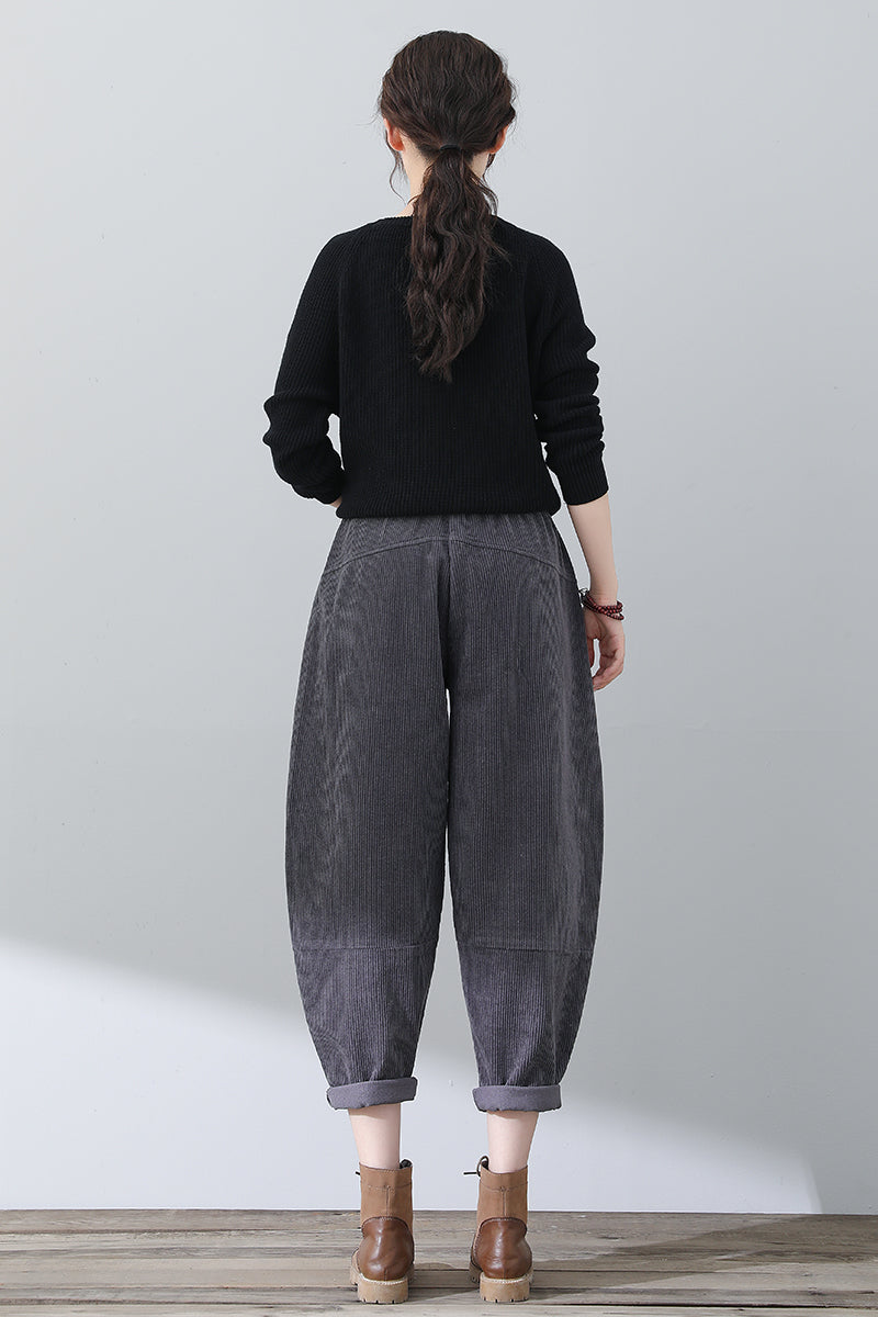 Women Gray Casual Corduroy Pants C3016