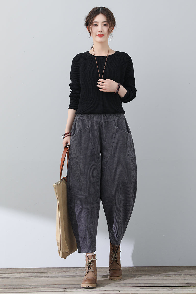 Women Gray Casual Corduroy Pants C3016