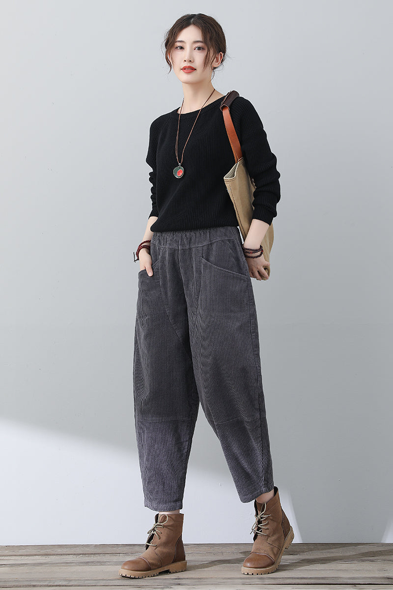 Women Gray Casual Corduroy Pants C3016#