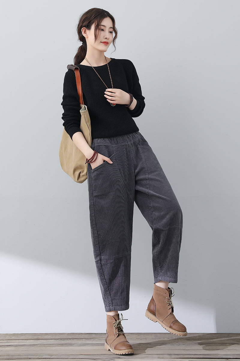 Women Gray Casual Corduroy Pants C3016