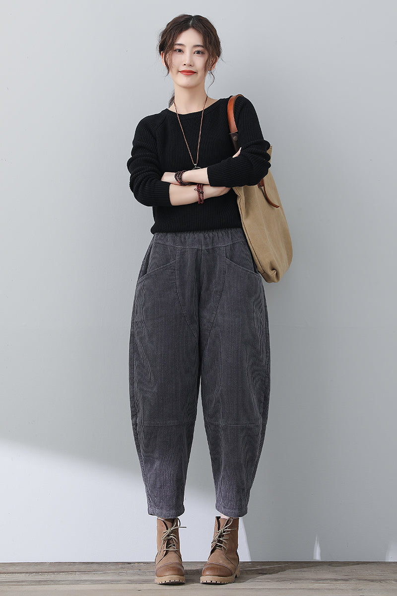 Women Gray Casual Corduroy Pants C3016