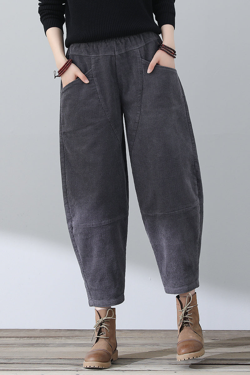Women Gray Casual Corduroy Pants C3016