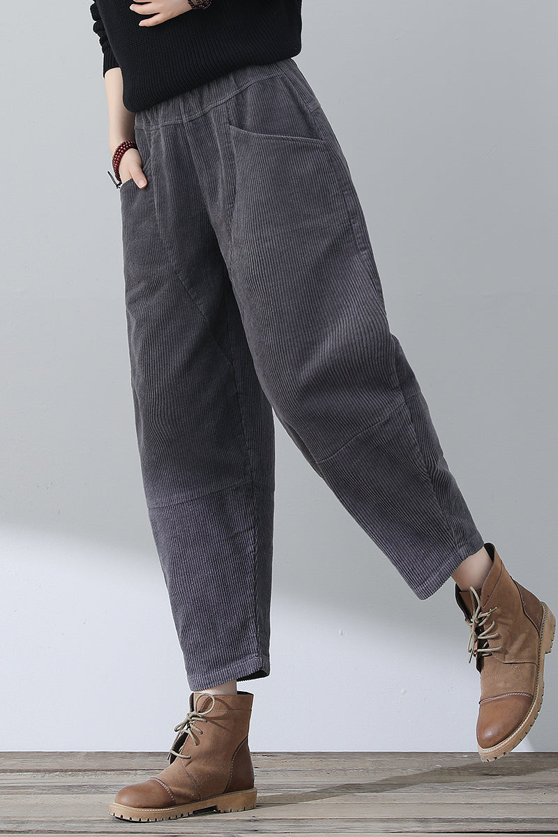 Women Gray Casual Corduroy Pants C3016