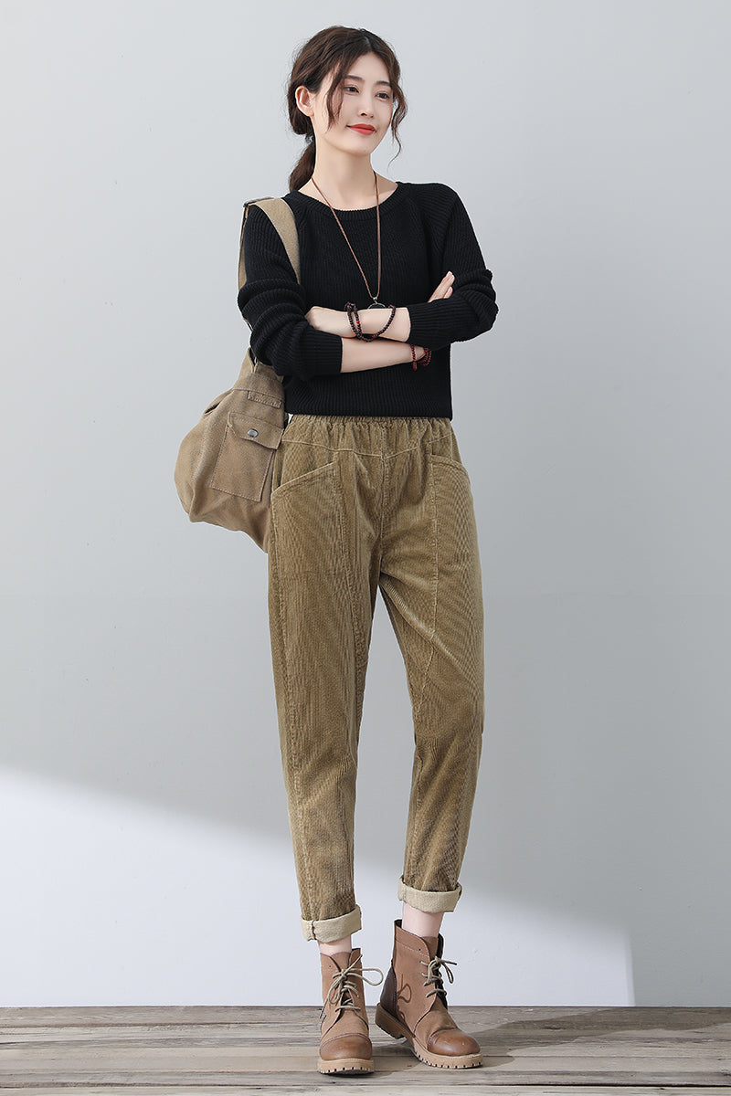 Women Casual Khaki Corduroy Pants C3023