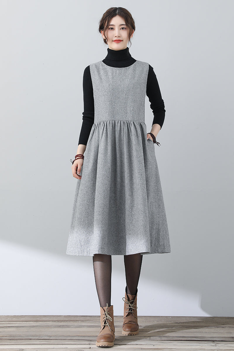 Women Gray Sleeveless Wool Dress C3025