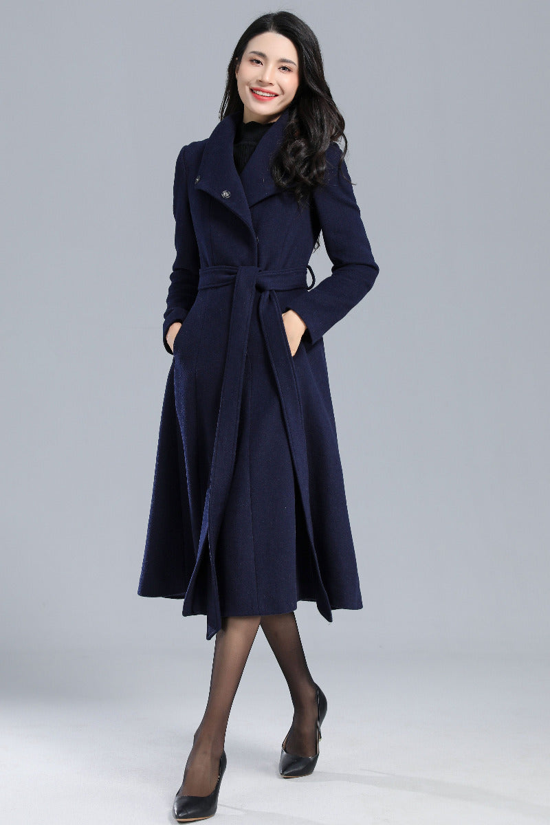 Long Navy Blue Wool Coat C2460#