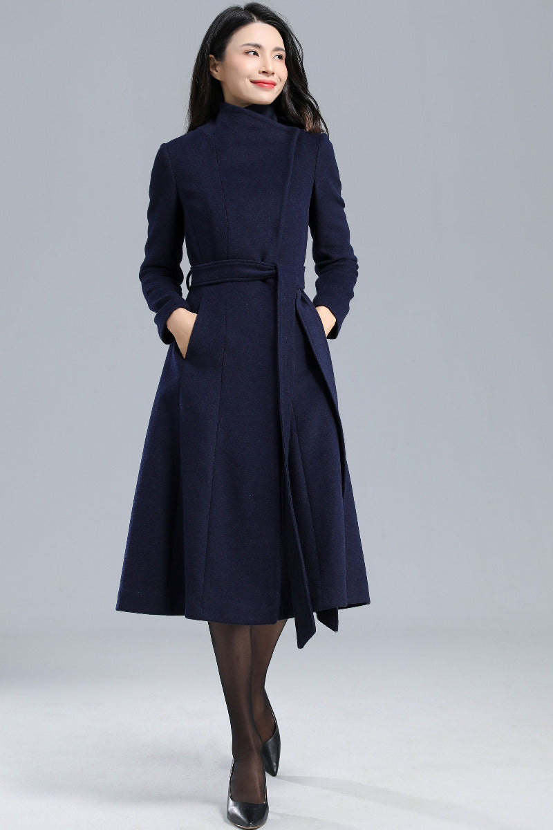 Long Navy Blue Wool Coat C2460#