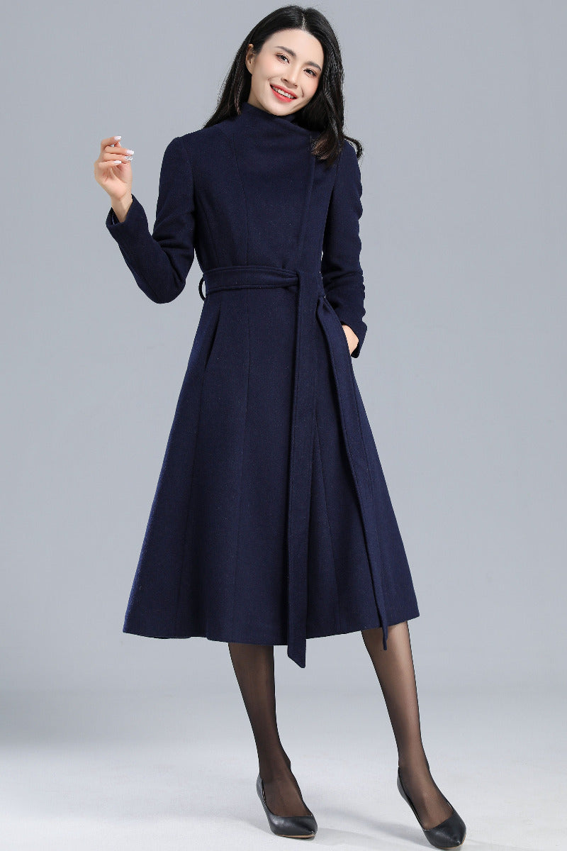 Long Navy Blue Wool Coat C2460#
