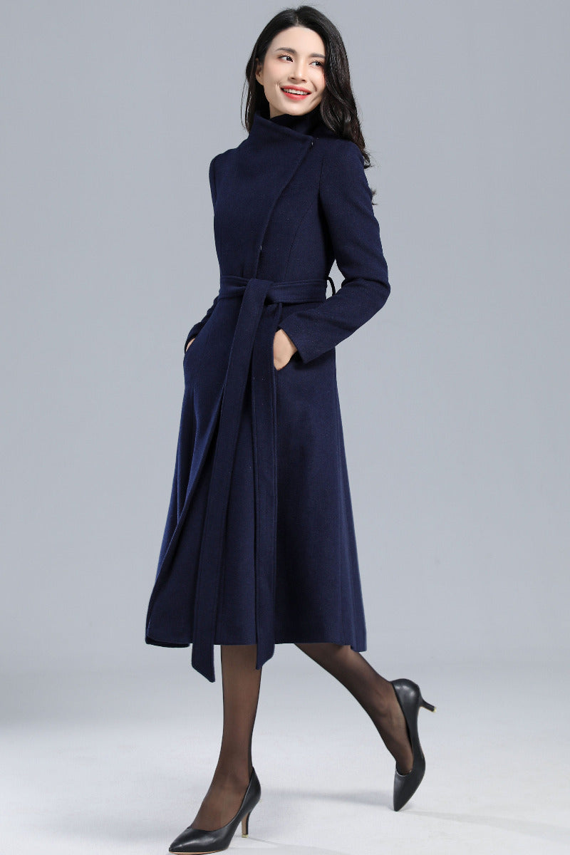 Long Navy Blue Wool Coat C2460#