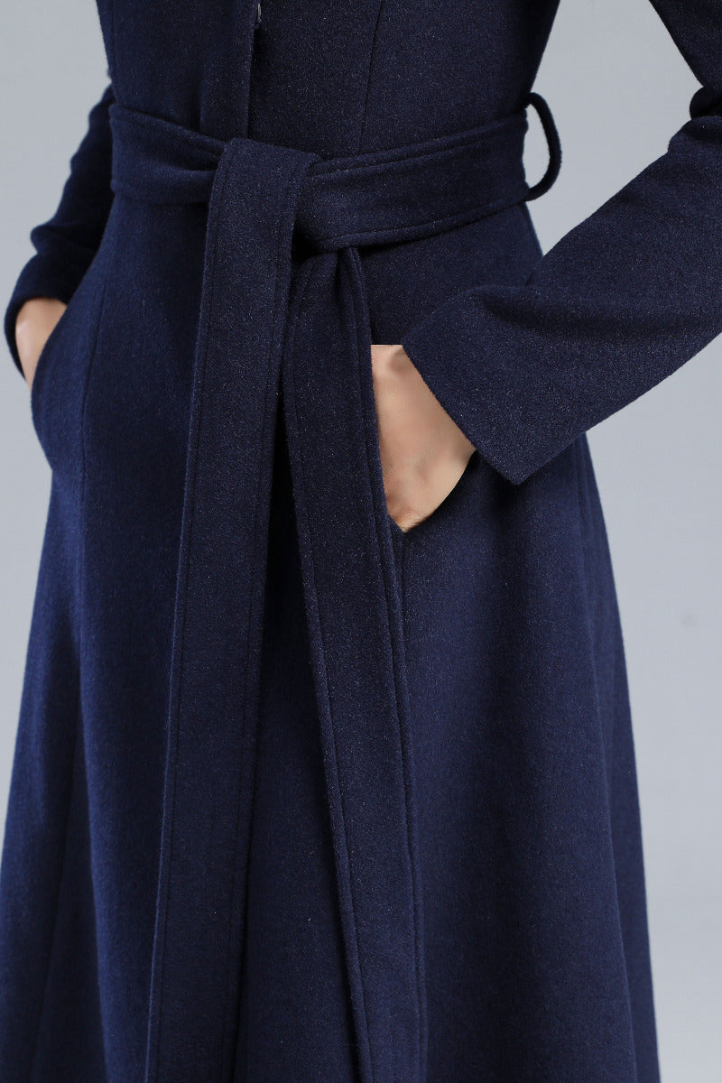 Long Navy Blue Wool Coat C2460#