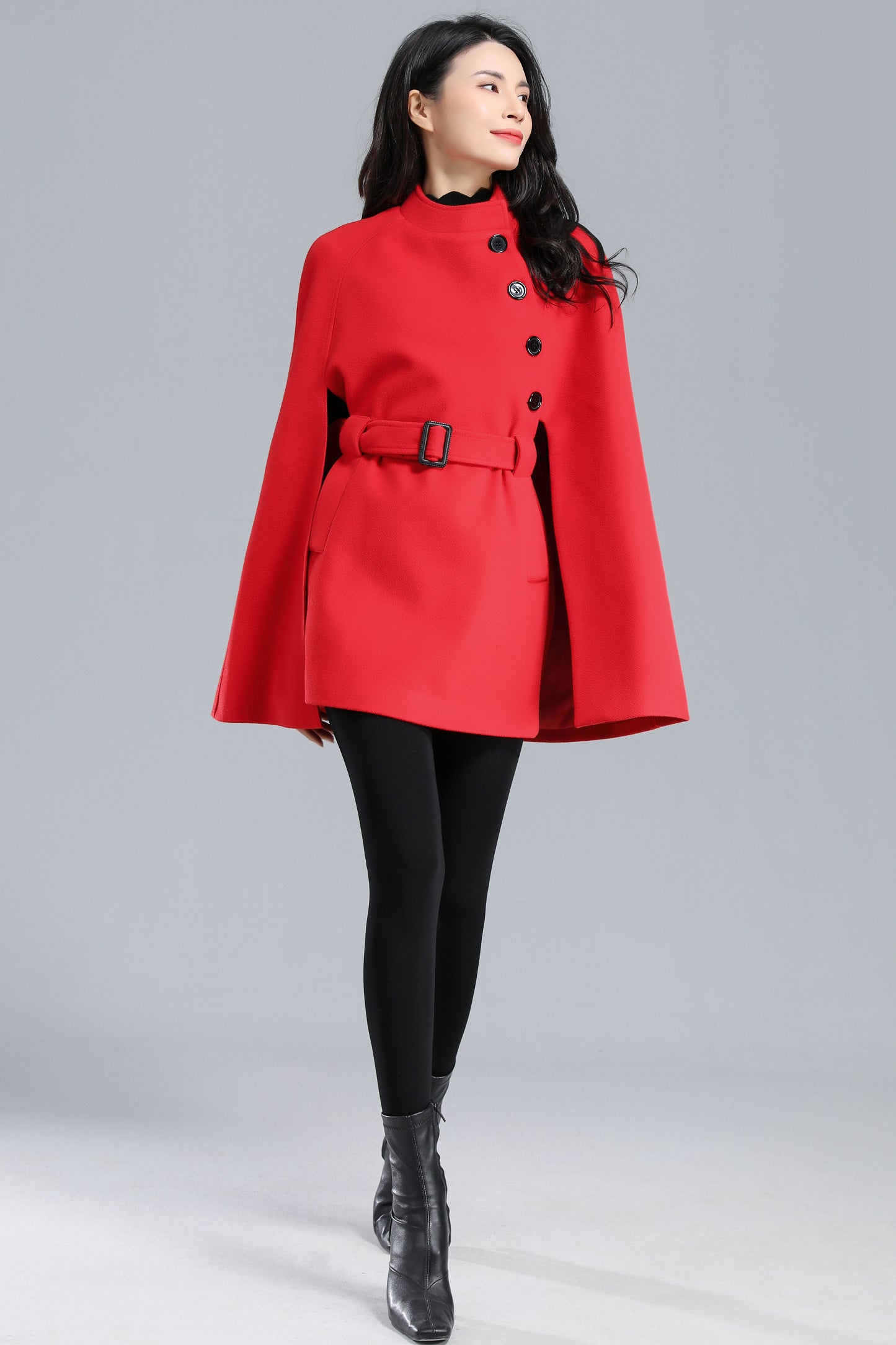 Warm Winter Red Wool Cape Coat Women C2470