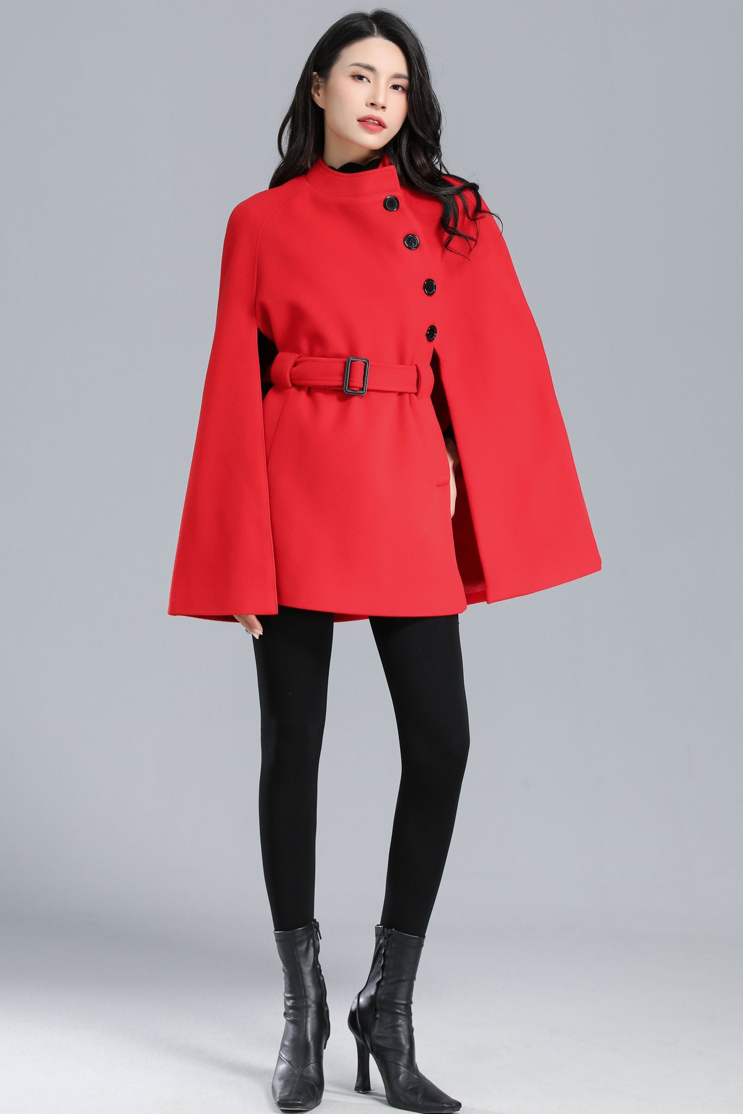 Warm Winter Red Wool Cape Coat Women C2470