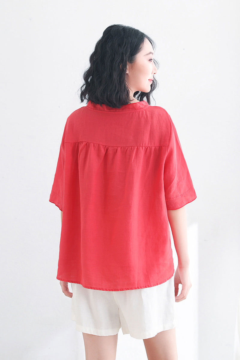 Summer Women Red Casual Linen Tops C2708