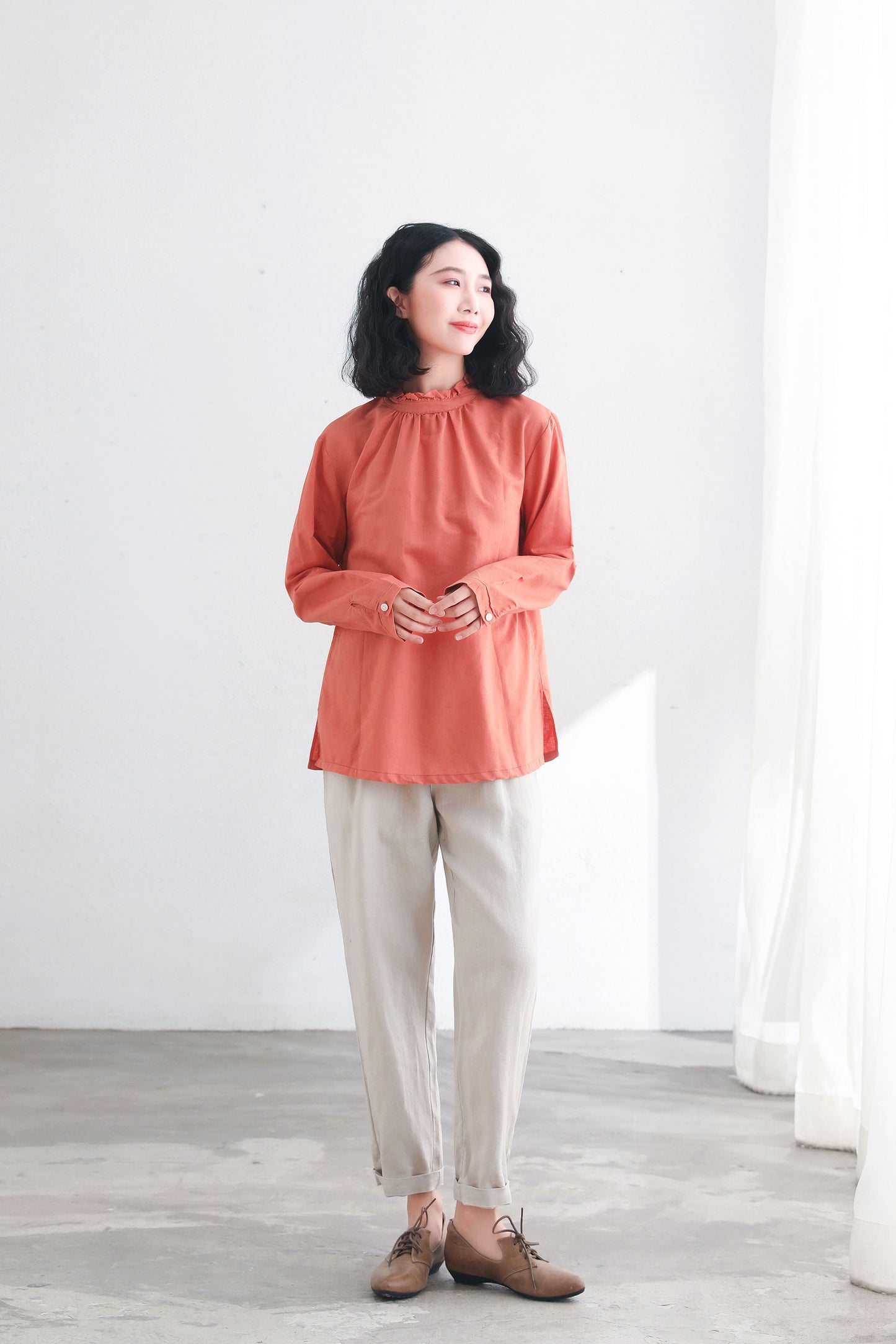 Women's Loose Fit Linen Blosues in Orange C2711