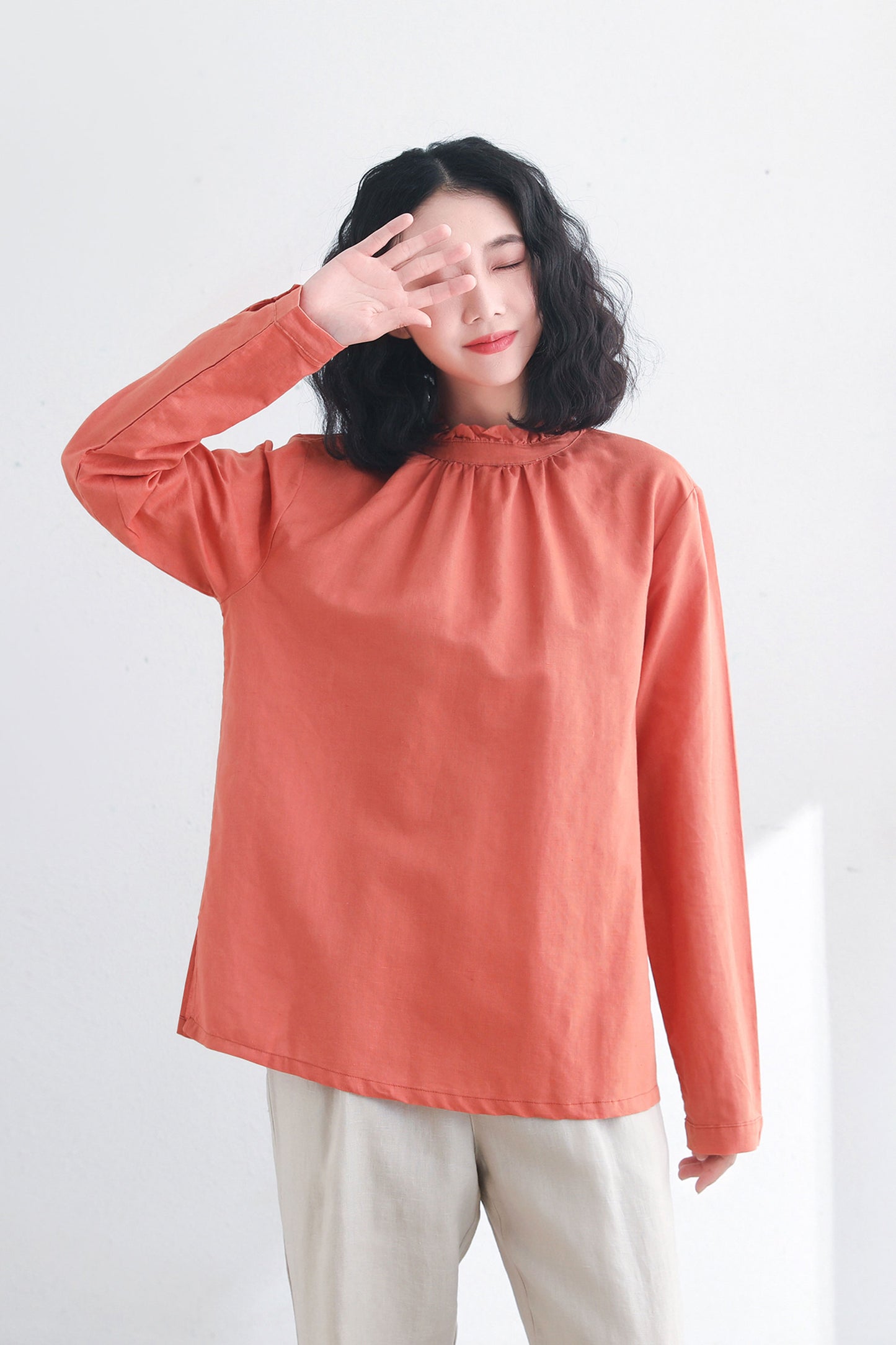 Women's Loose Fit Linen Blosues in Orange C2711