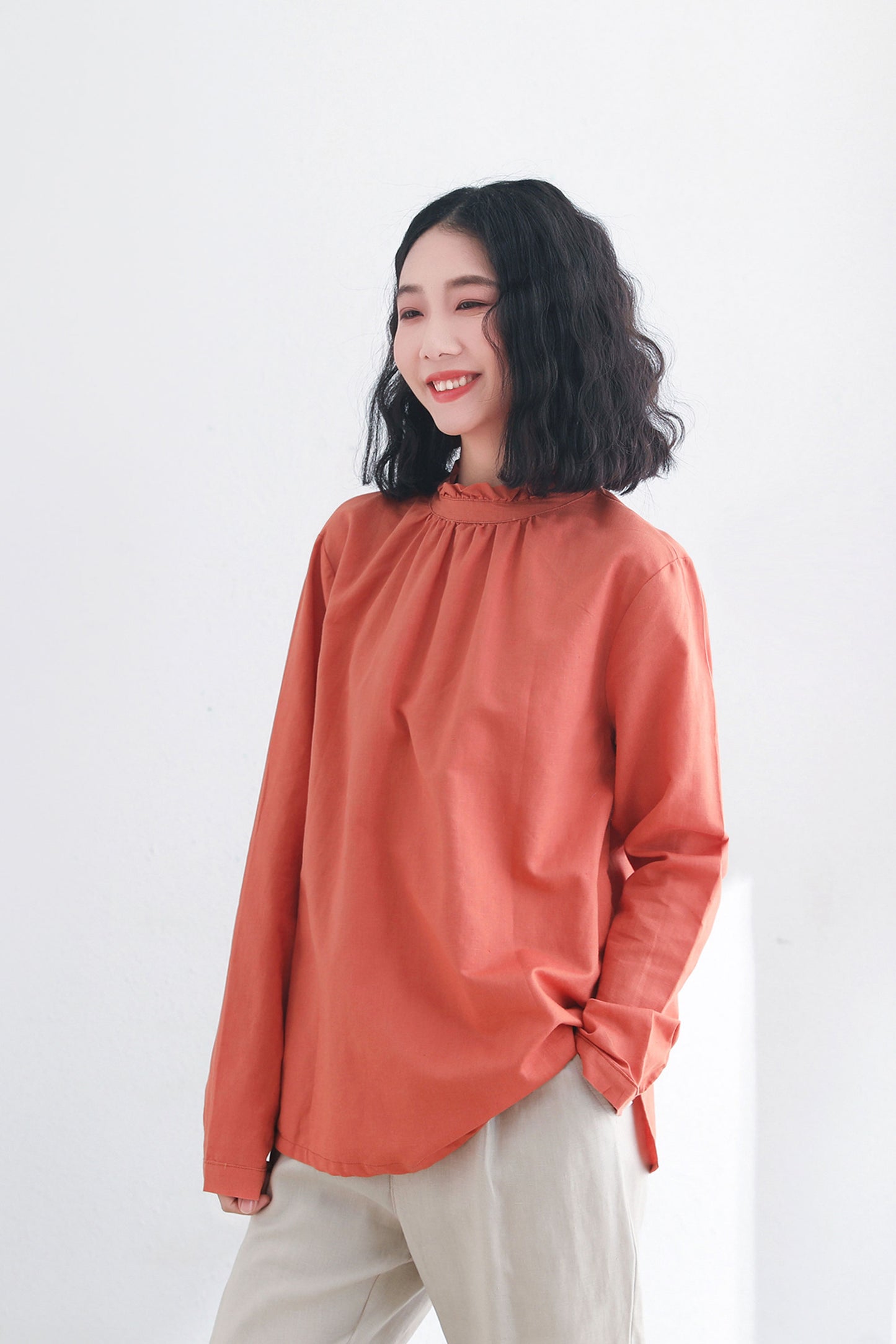 Women's Loose Fit Linen Blosues in Orange C2711