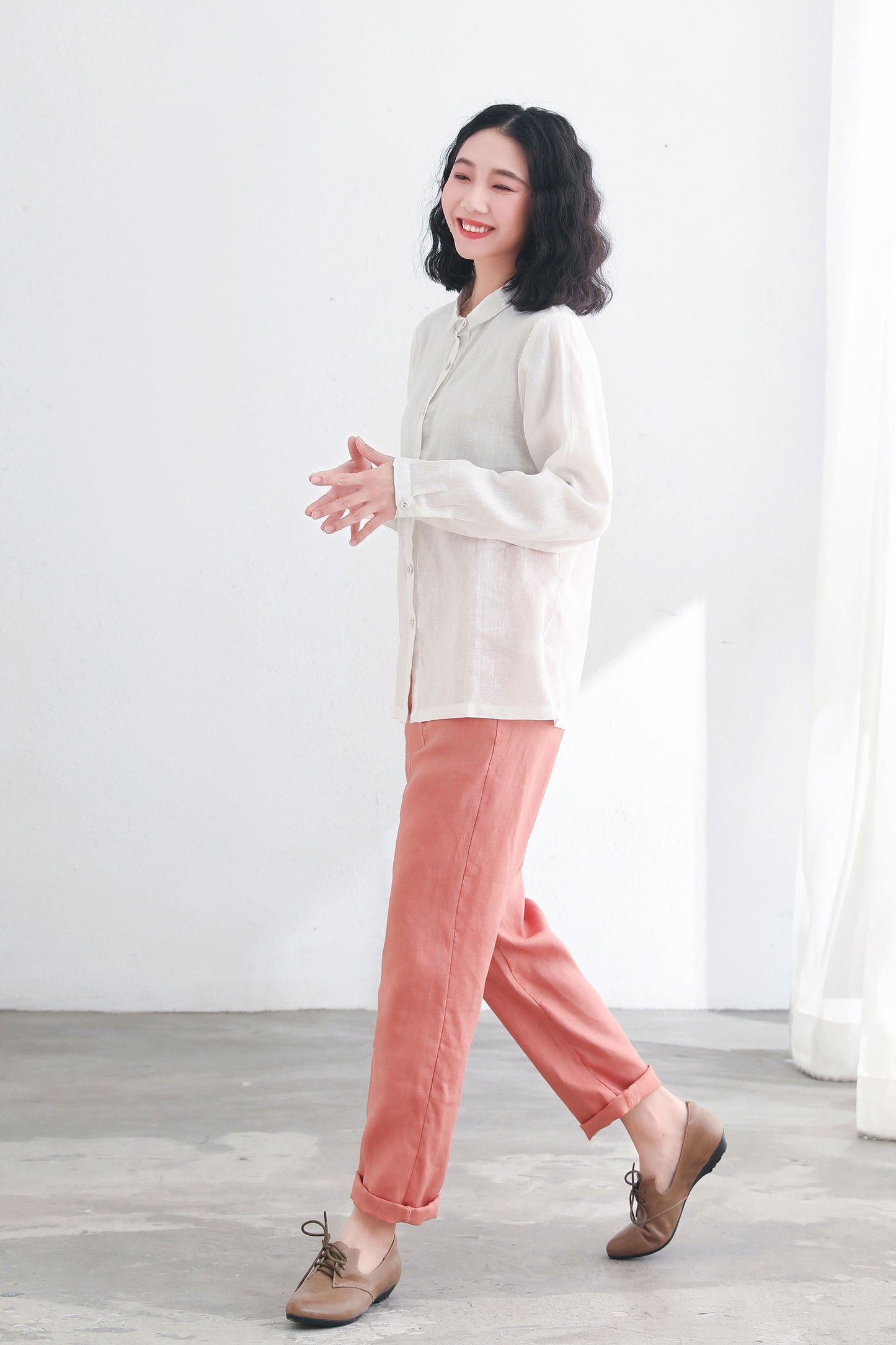 White Button Up Linen Shirts Women C2713