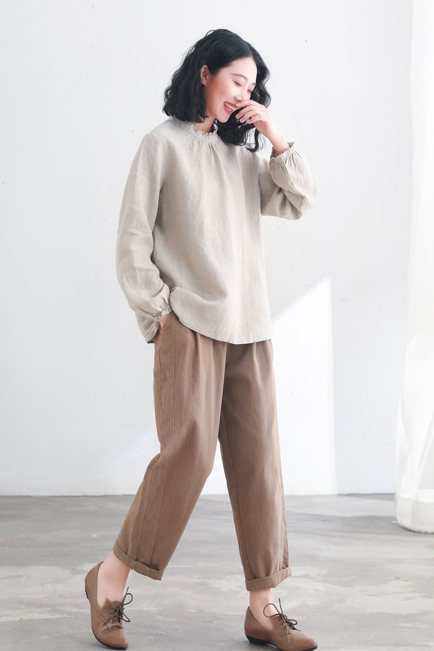 Back Buttons Long Sleeve Ruffle Linen Tops C2717