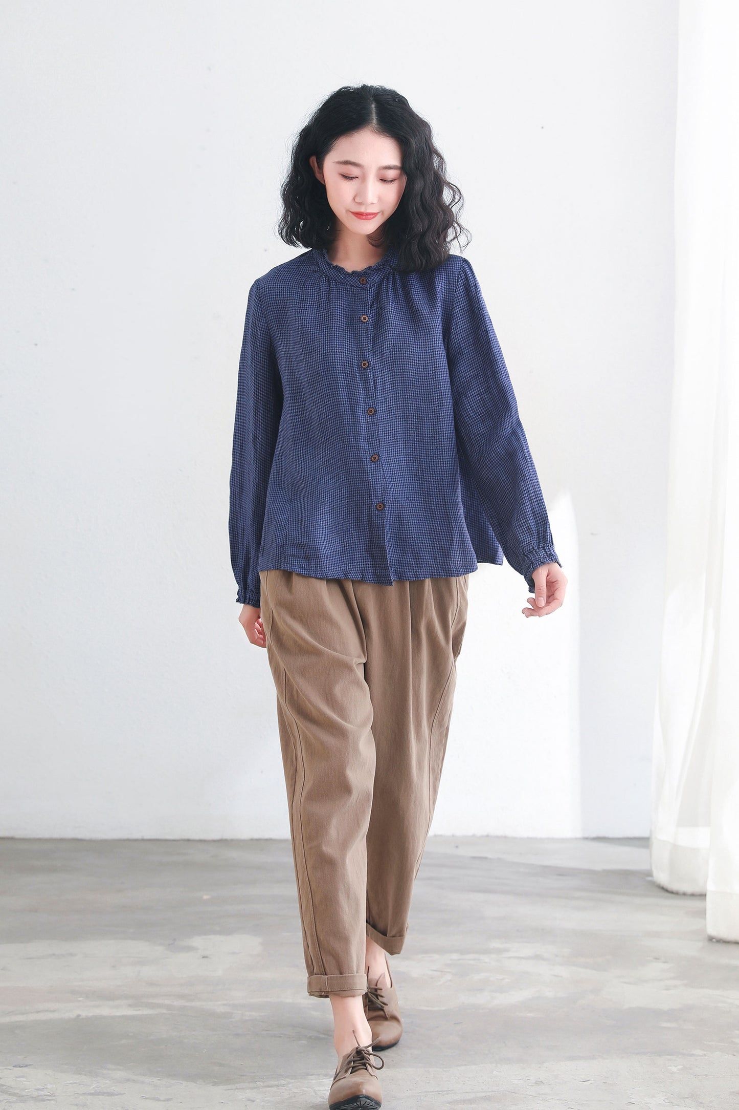 Blue Vintage Check Linen Tops Clothing C2718