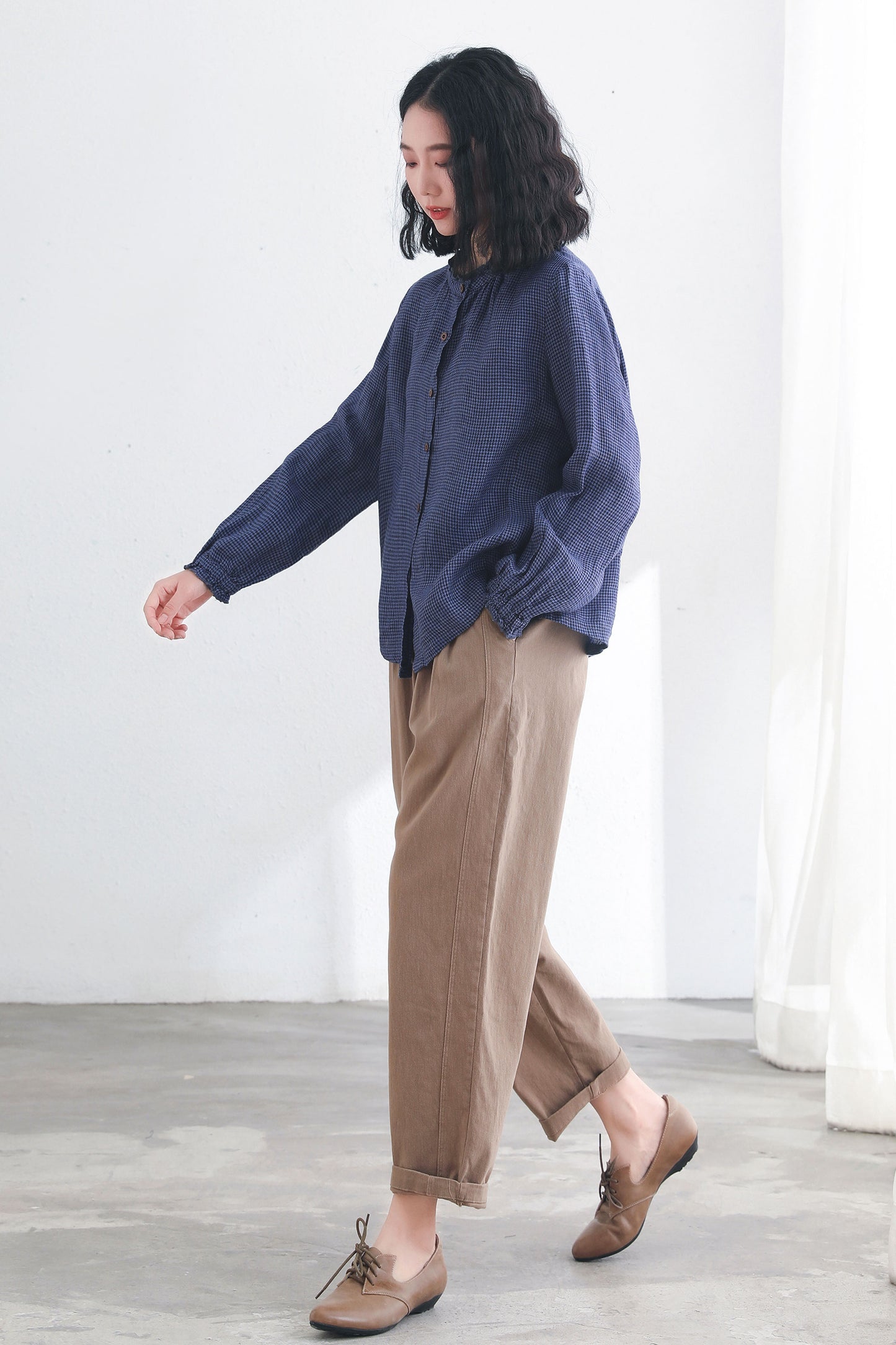 Blue Vintage Check Linen Tops Clothing C2718