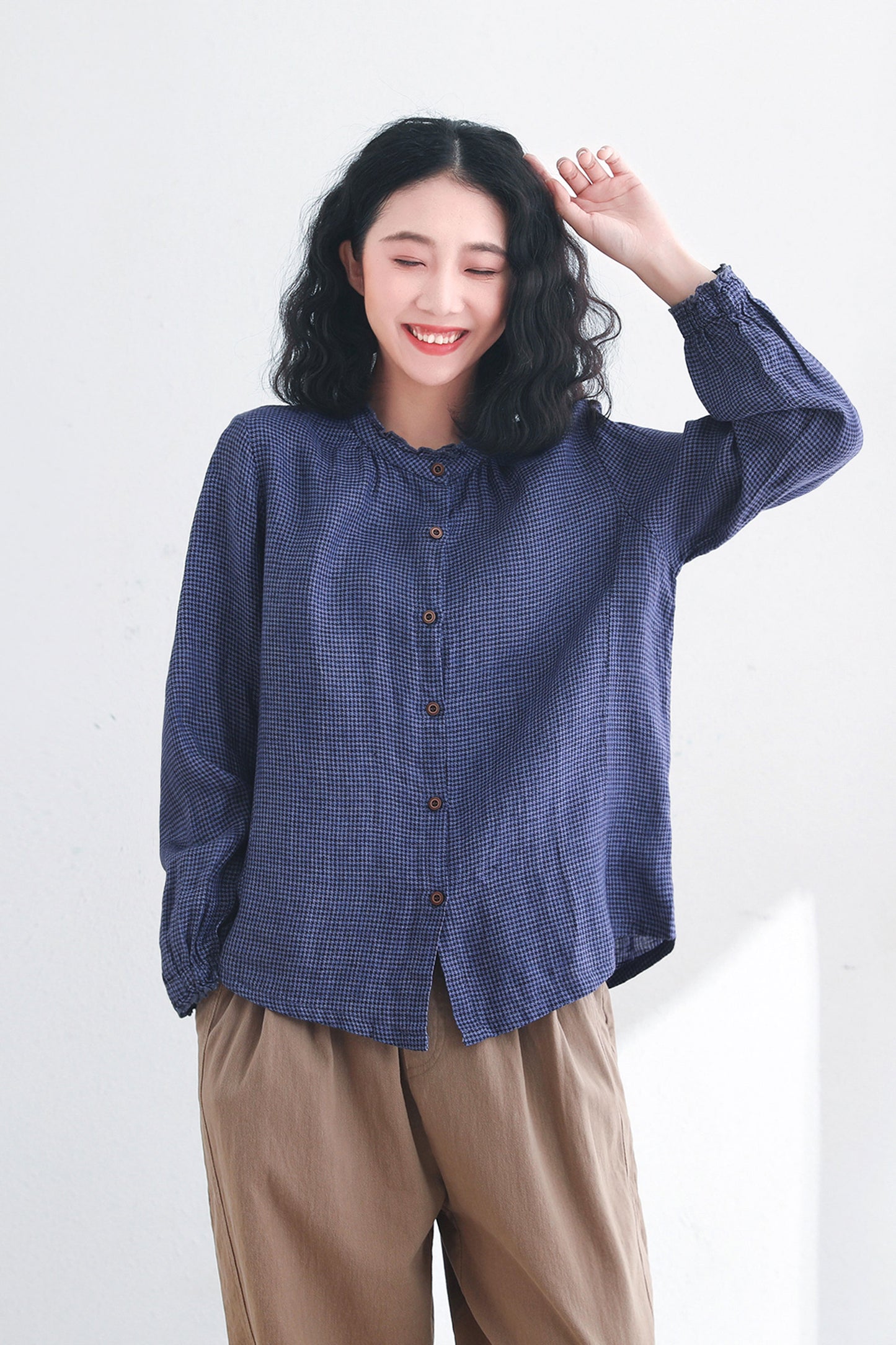 Blue Vintage Check Linen Tops Clothing C2718
