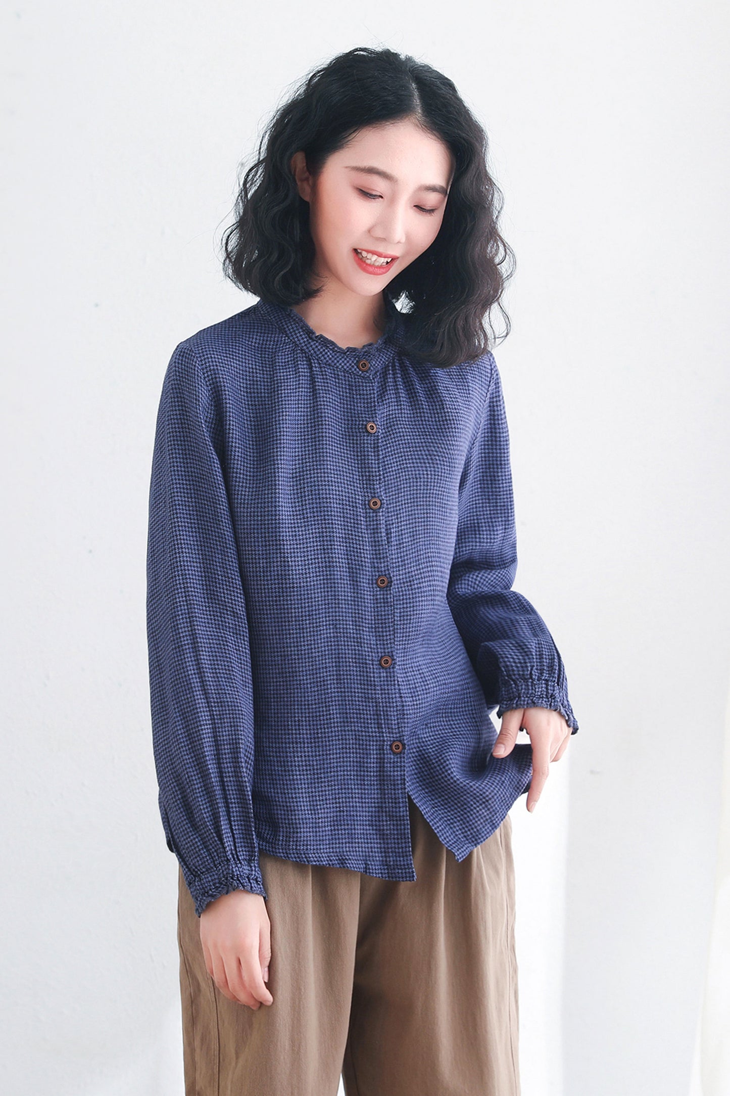 Blue Vintage Check Linen Tops Clothing C2718