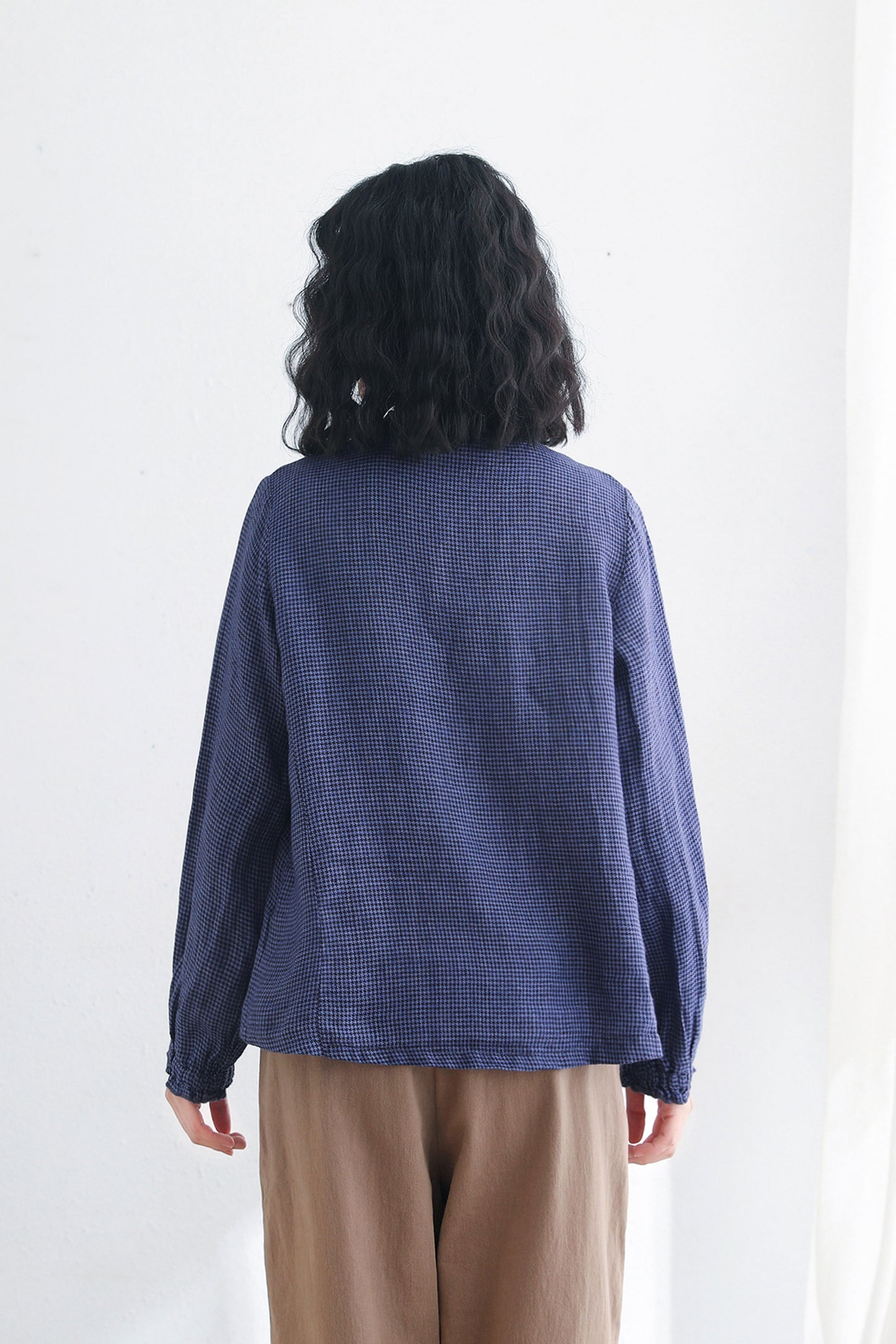 Blue Vintage Check Linen Tops Clothing C2718