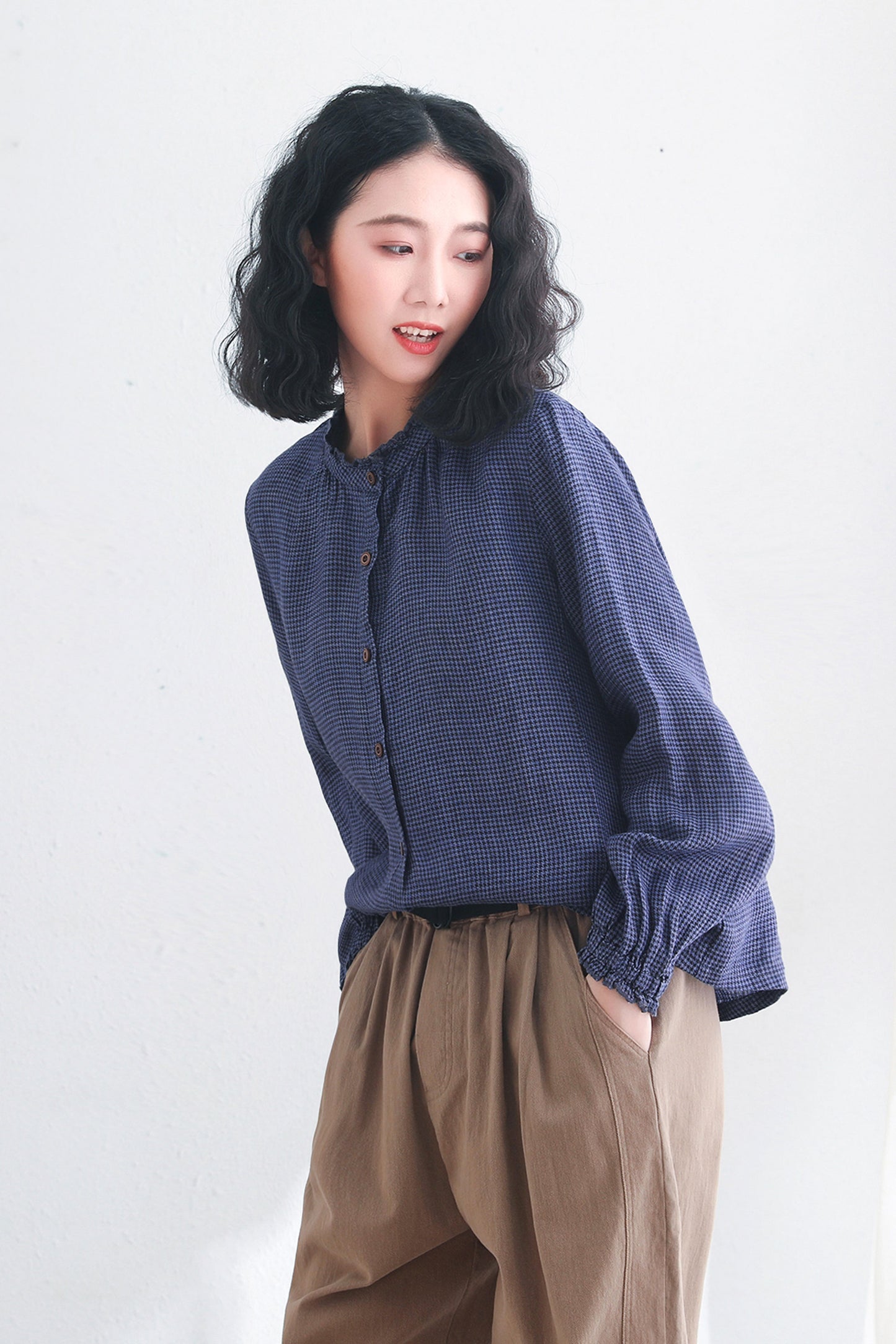 Blue Vintage Check Linen Tops Clothing C2718