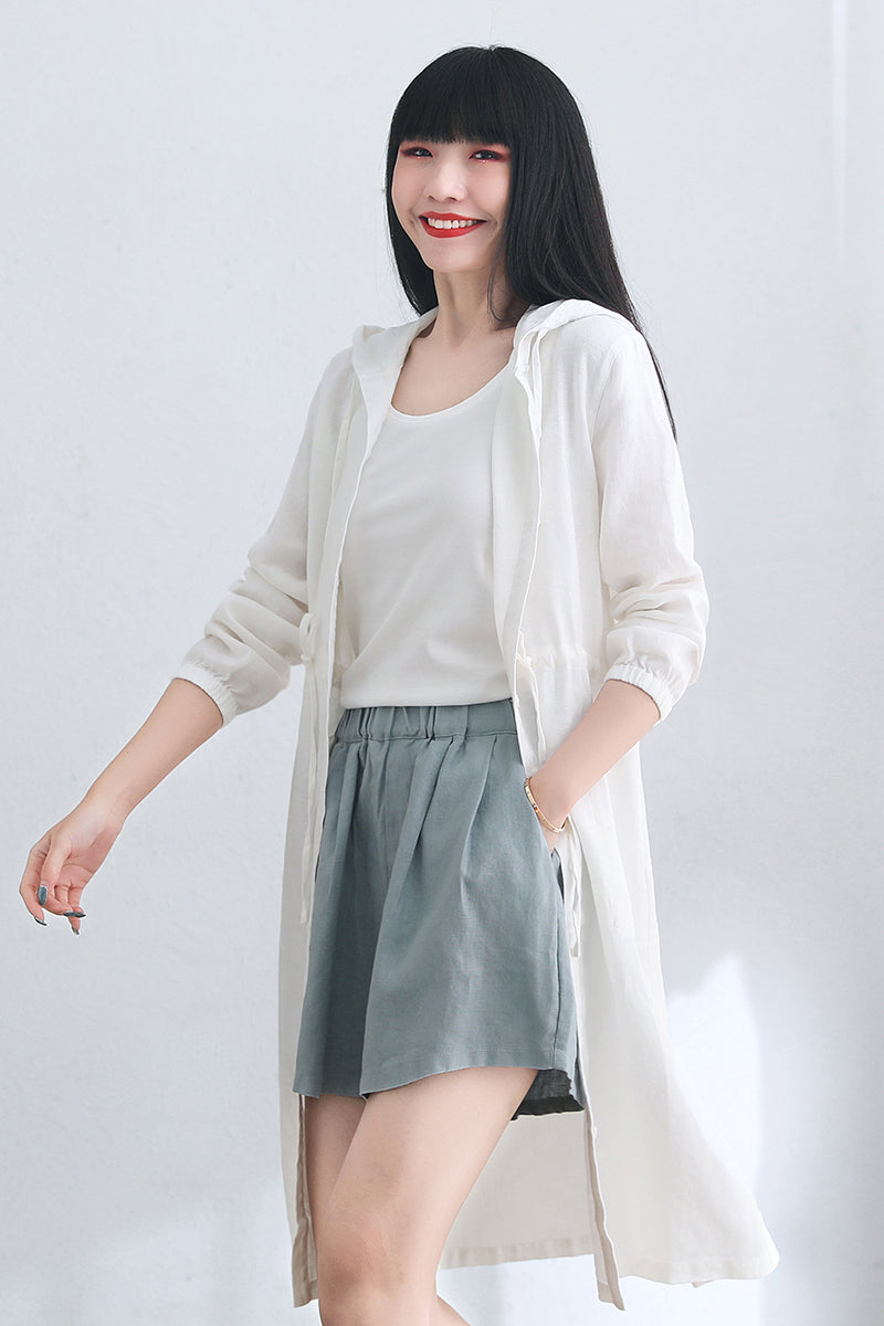 White Hooded Plus Size Linen Jacket C2663#CK2101717